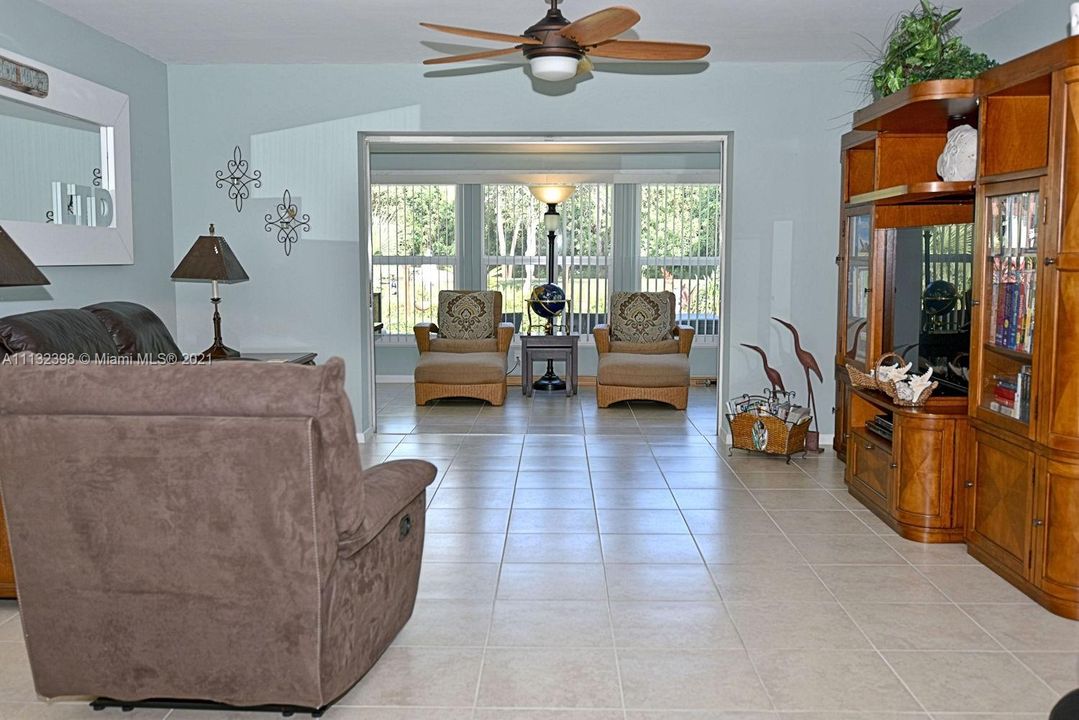 Living room with golf course views