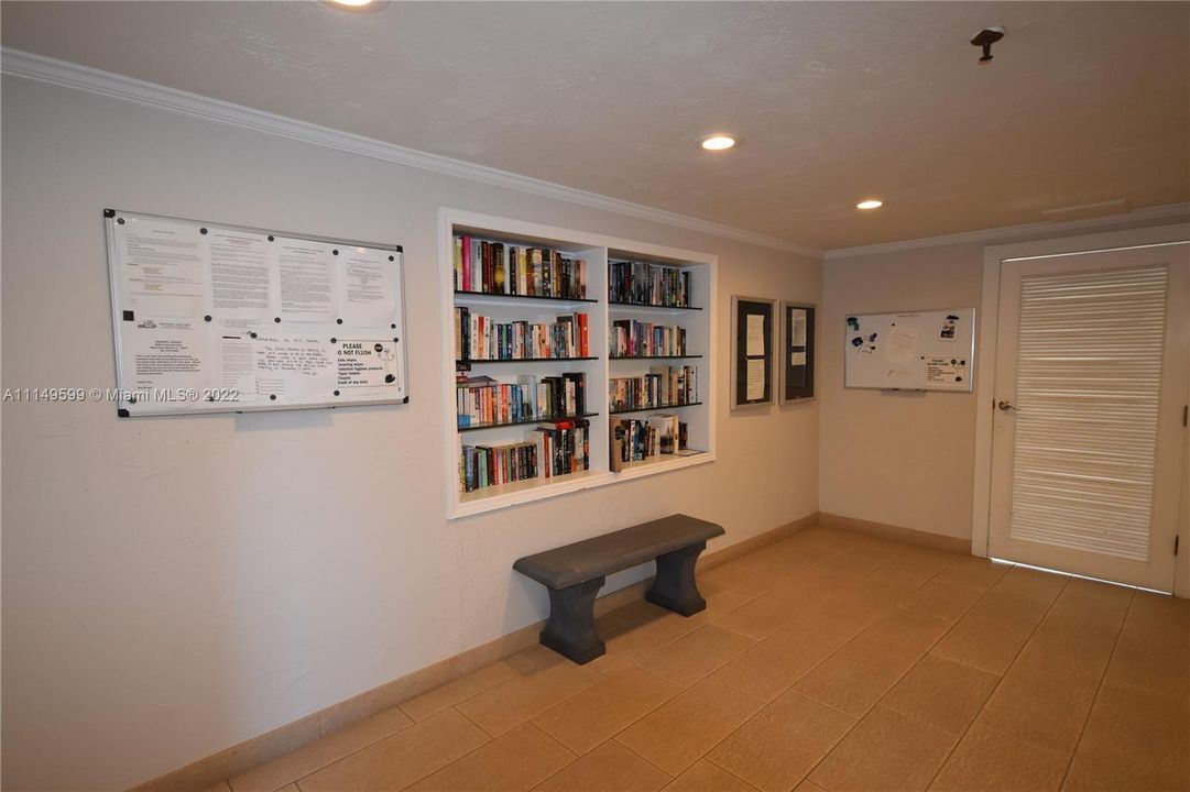 Library nook and bulletin board for important notices