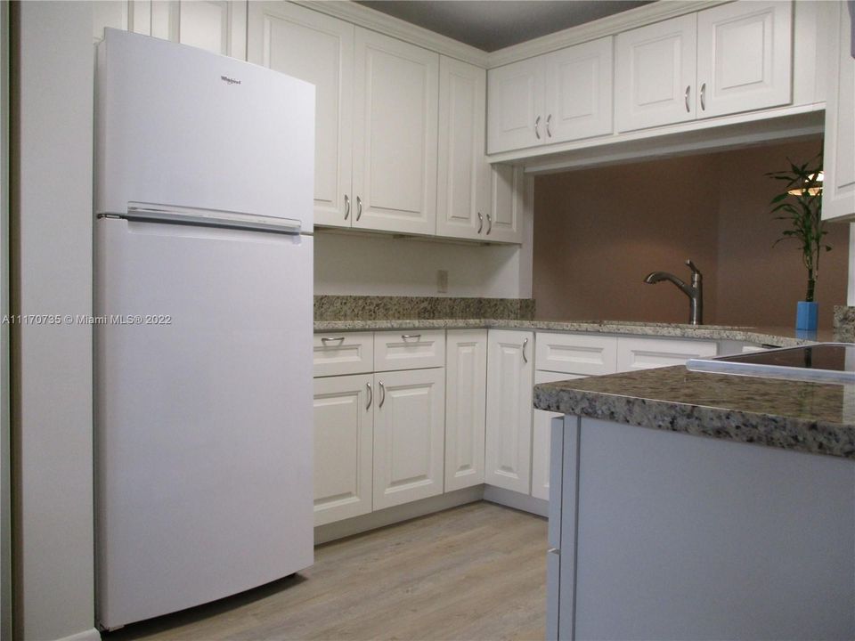 NEW KITCHEN WITH SOFT TOUCH CABINETS & DRAWERS AND GRANITE COUNTERTOPS WITH OVERHEAD LIGHTING AND WHITE APPLIANCES