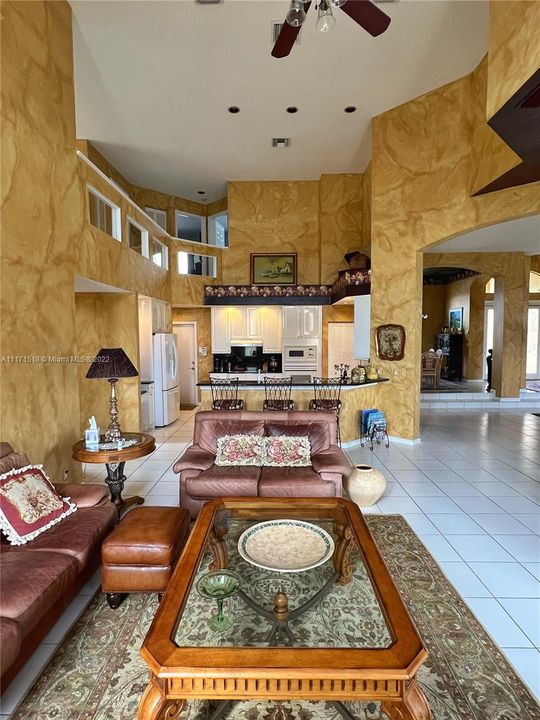 Family Room - Grand Ceiling, flowing into open Kitchen and Living Room