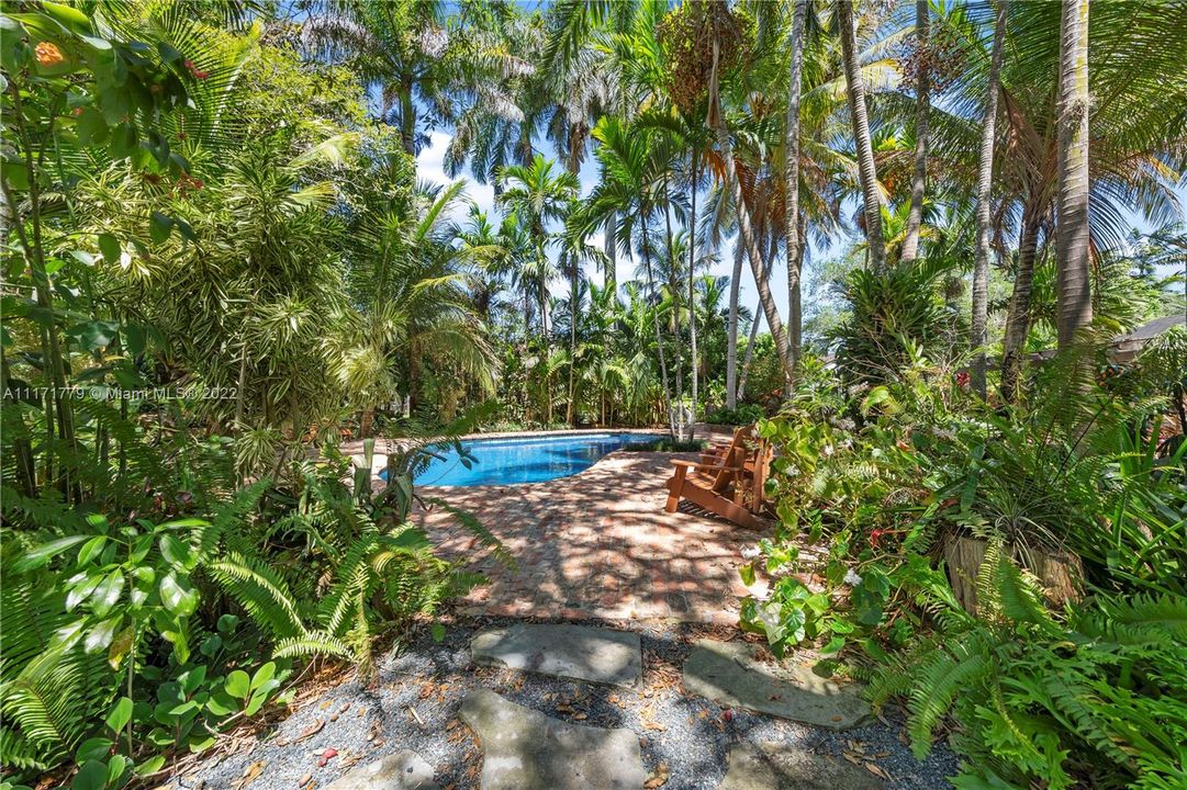 THE PATHWAY TO POOL PATIO IS SURROUNDED BY LUSH TROPICAL FOLIAGE.. OASIS VIBE..