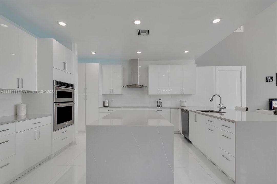 Custom Kitchen with White Glossy Cabinets and Quartz Counters & 2 Waterfalls!
