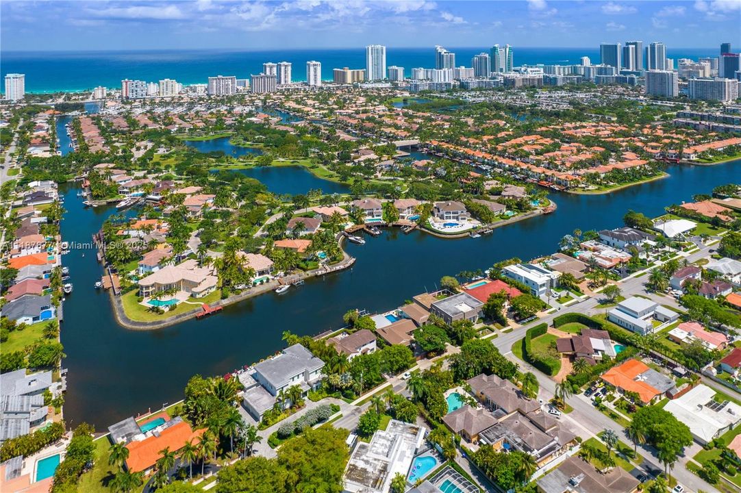 Skyline in the distance beyond canals