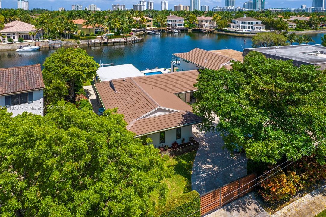 Birdseye view of water and rooftops