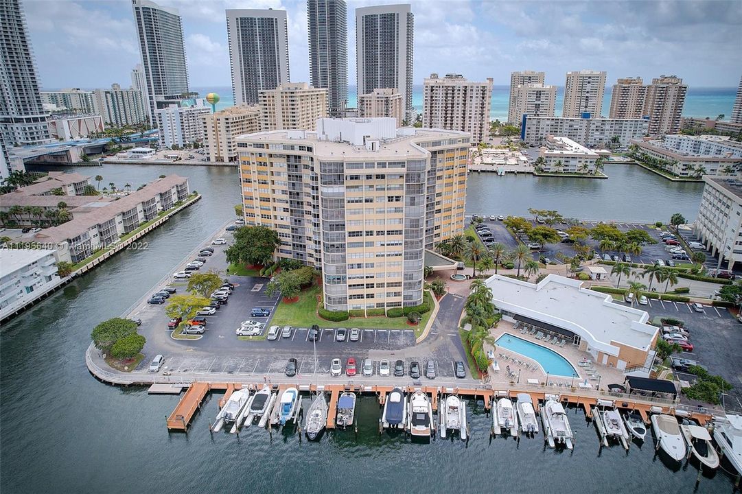 AERIAL LOOK EAST TO THE MARINA AND BUILDING