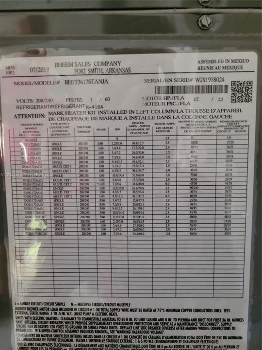 AC label - showing 7/2019 manufactured date