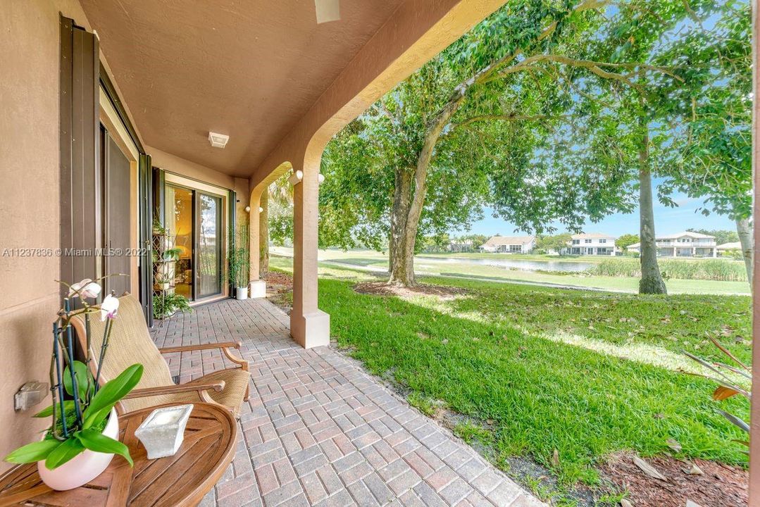 Brick paved patio with lots of privacy and views of the lake and golf course