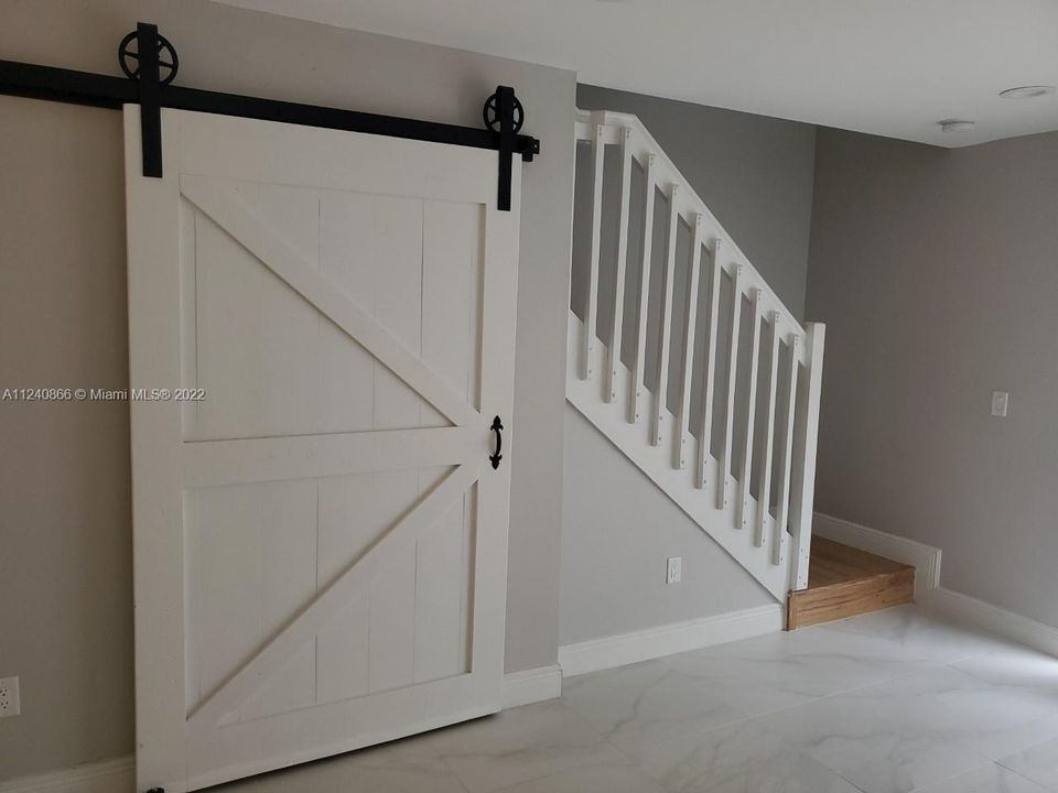 Under stairs storage behind barn door