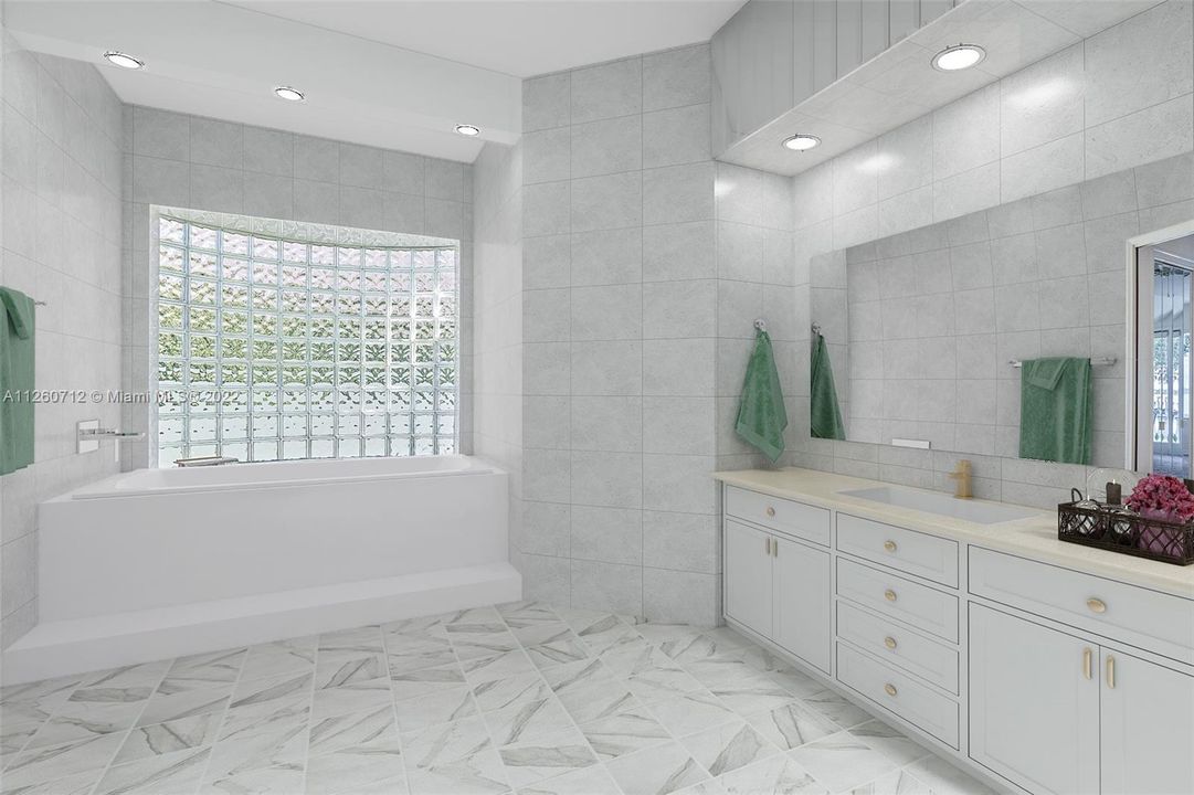 Master/Owners Suite bathroom with Walk In Shower, Spa, and separate water closet, virtually staged.