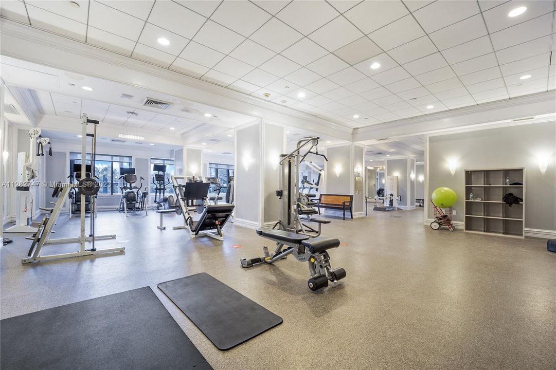 The gym has aerobic equipment and weights, music and massage room.