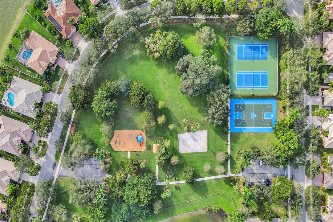 Community has a basketball court, two tennis courts, a sand volleyball court, and a playground