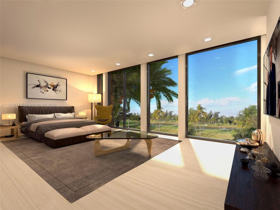 Master bedroom encompasses his & her walk in closets, a bar/coffee nook and a private terrace with open golf course views. Renderings are for illustration purpose only and the actual home may differ from the renditions.