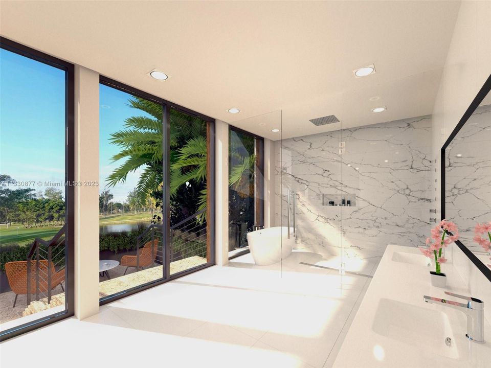 Master bathroom view of the terrace and miami beach golf course. Renderings are for illustration purpose only and the actual home may differ from the renditions.