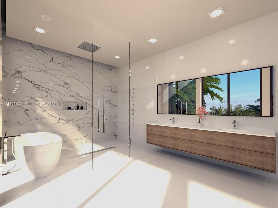 Master bathroom view of the terrace and miami beach golf course. Renderings are for illustration purpose only and the actual home may differ from the renditions.