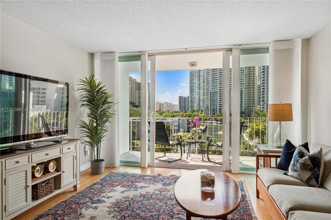 Living Room with water and Fort Lauderdale skyline views!
