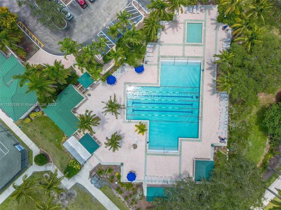 Clubhouse drone shot of pool