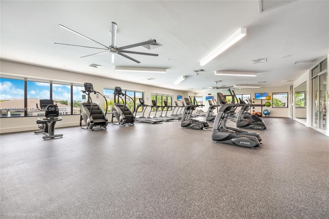 The gym has two floors: the first floor is for weight lifting focused machines and the second floor seen in this picture is for cardio machines