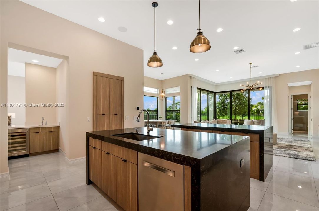 Chef's kitchen with upgraded pantry closet with shelves