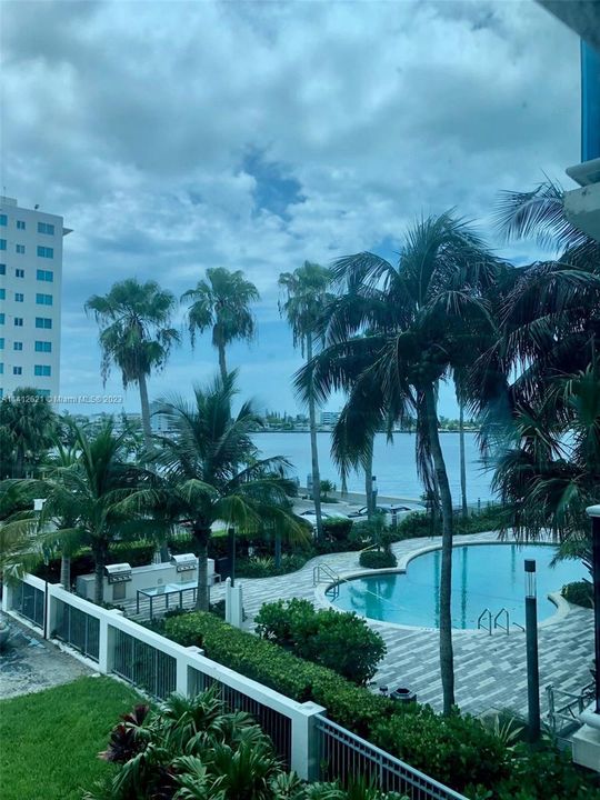 Pool and bay view from bedroom