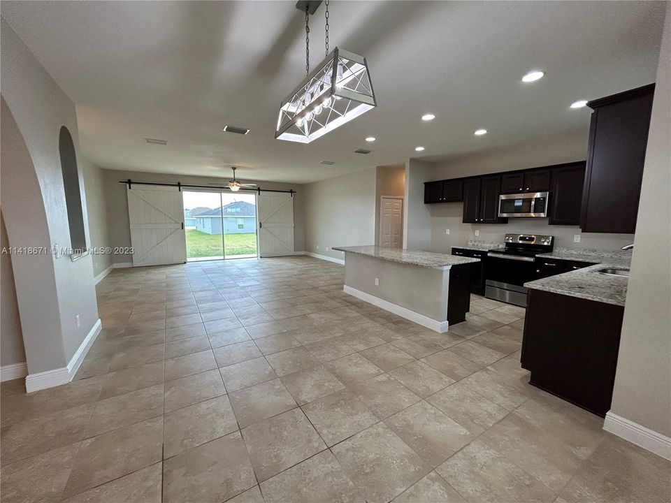 Open living area kitchen, dining area, living area