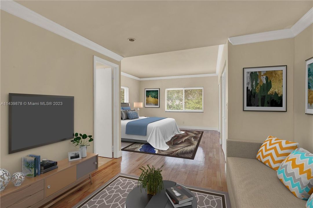 Digitally staged bedroom and sitting area to show how large the space is