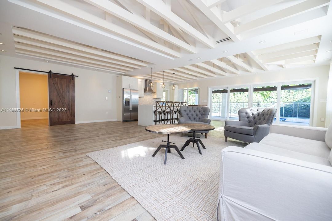 Beautiful open high beamed ceiling.