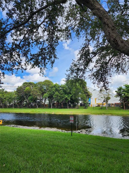 Canal view, trees and walkway by the water.