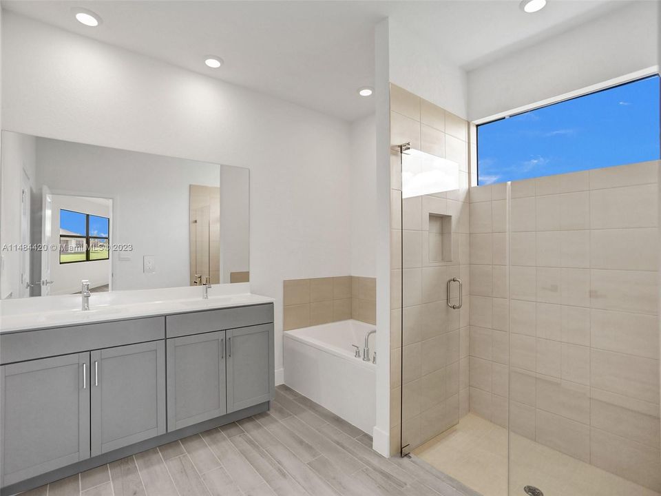 Tub and shower, and dual sinks in oversized Primary Bathroom