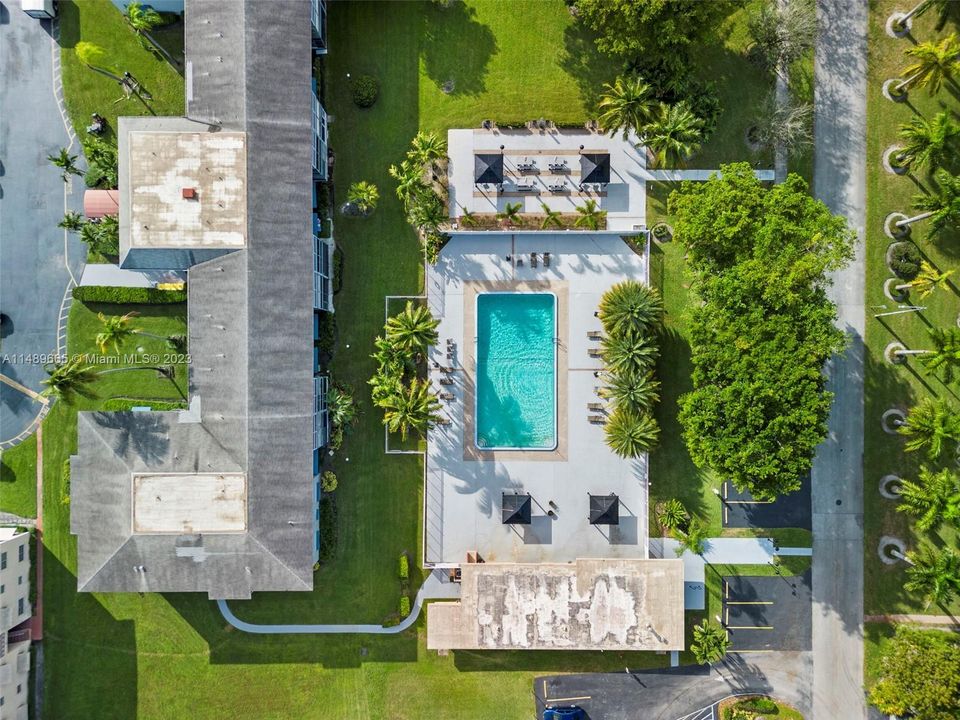 Top View of Building, Pool, and Fitness Center