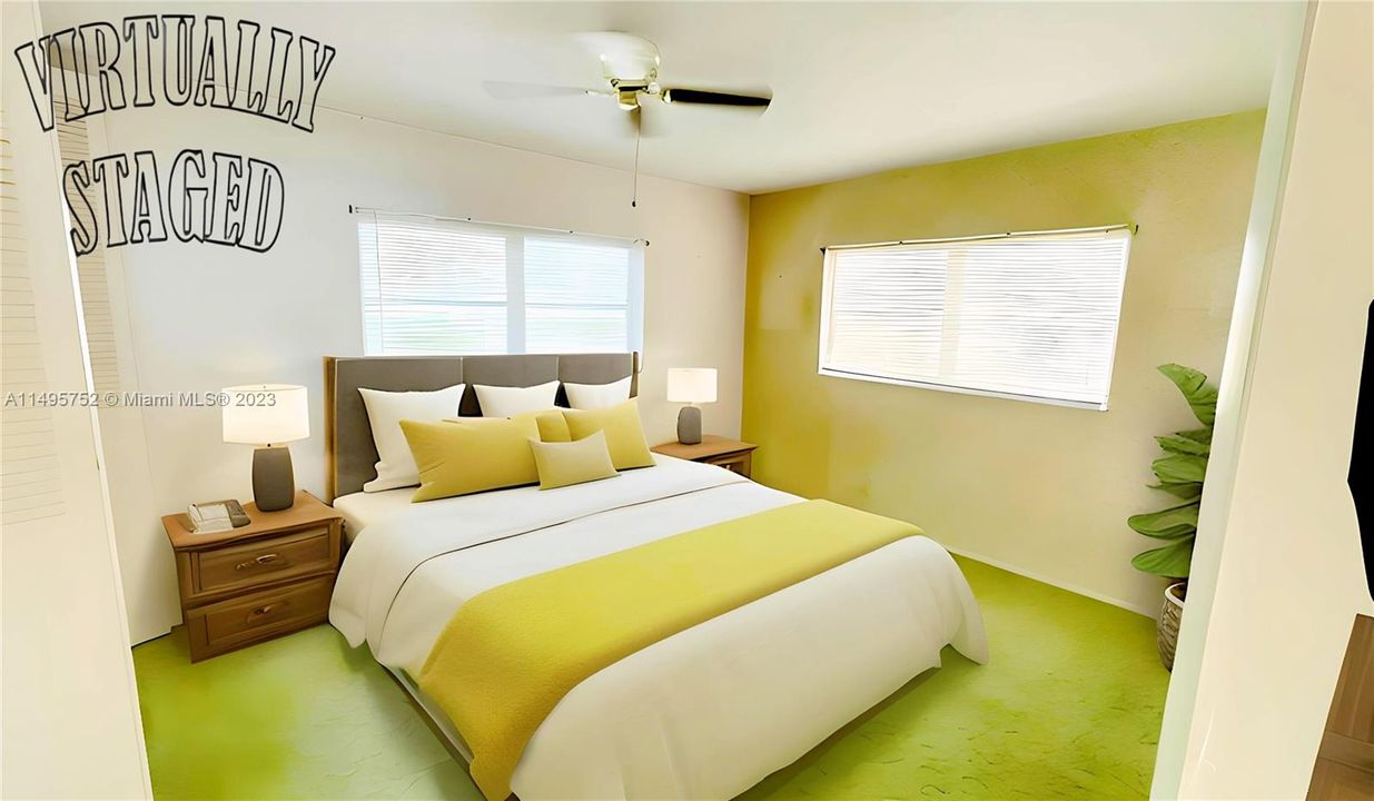 Bedroom #2 - Staged Picture. In an effort to maintain transparency, we disclose that the contents within this image have been added digitally, and elements in this photograph including furnishings and decorations have been virtually staged, to provide a visual example of the property’s possibilities and potential design ideas; therefore, we encourage verifying on-site characteristics/conditions before making any decisions.