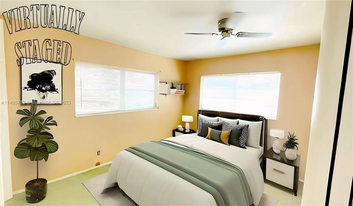 Bedroom #1 - Staged Picture. In an effort to maintain transparency, we disclose that the contents within this image have been added digitally, and elements in this photograph including furnishings and decorations have been virtually staged, to provide a visual example of the property’s possibilities and potential design ideas; therefore, we encourage verifying on-site characteristics/conditions before making any decisions.