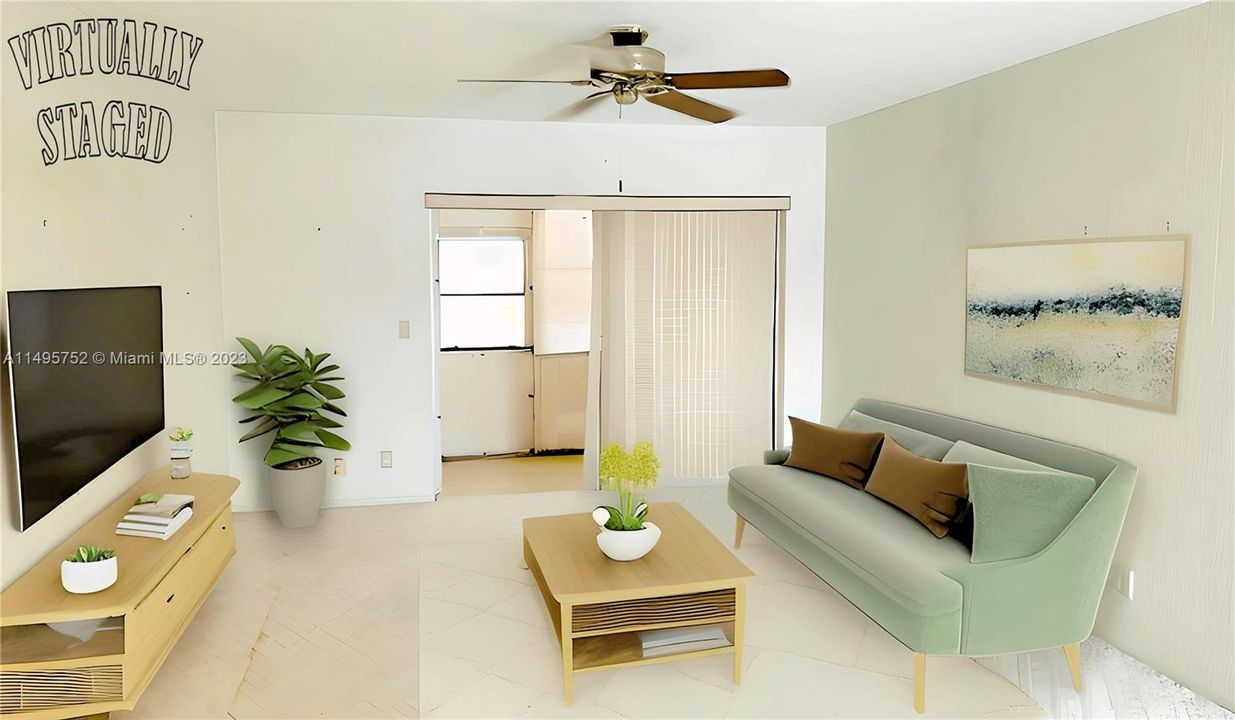 Living room area - Staged Picture. In an effort to maintain transparency, we disclose that the contents within this image have been added digitally, and elements in this photograph including furnishings and decorations have been virtually staged, to provide a visual example of the property’s possibilities and potential design ideas; therefore, we encourage verifying on-site characteristics/conditions before making any decisions.