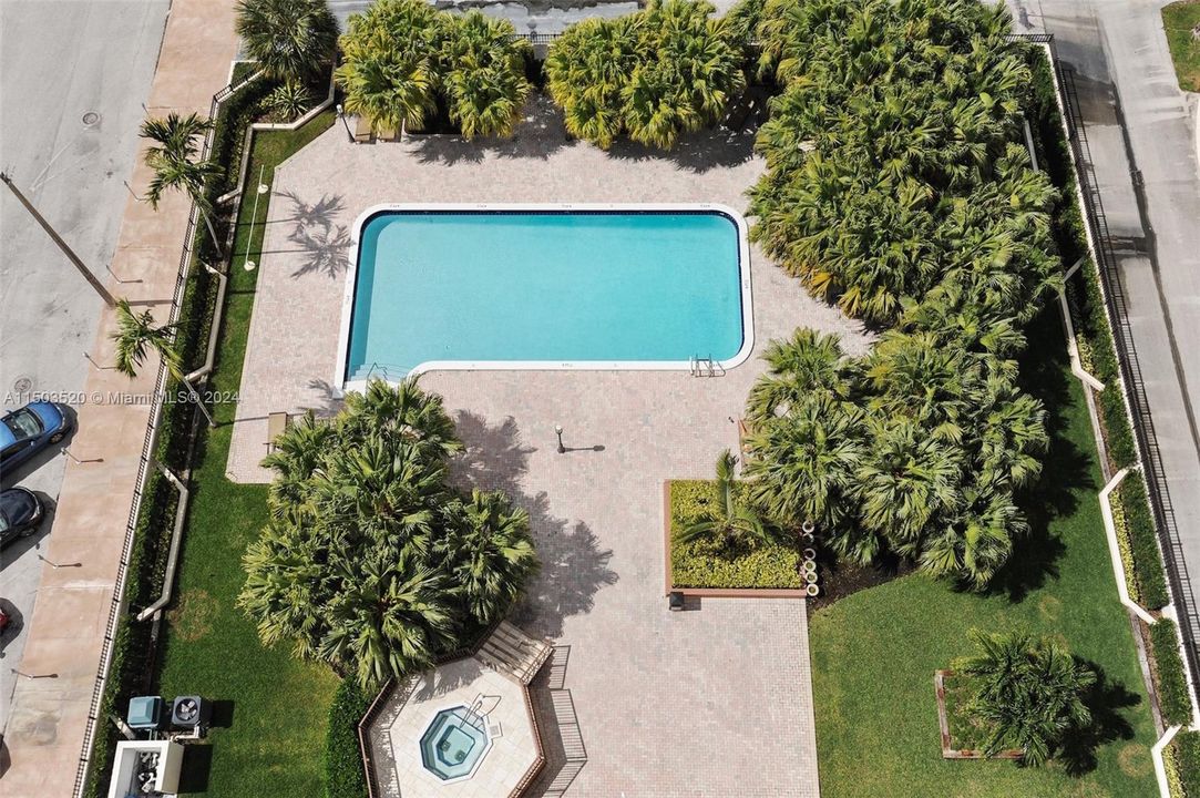 Large pool and pool deck with plenty of trees
