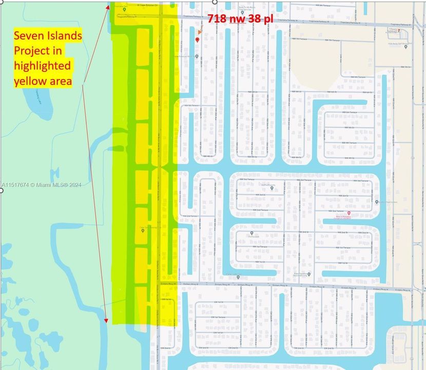 In yellow is more or less the area where the Seven Islands project will be.  The Cape Coral City Council  approved the sale of the Seven Islands properties to Gulf Gateway Resort and Marina LLC in 2022.Seven Islands is planned as a resort marina village with mixed-use developments like a hotel, restaurants, and a community center on 48 acres along Old Burnt Store Road North.