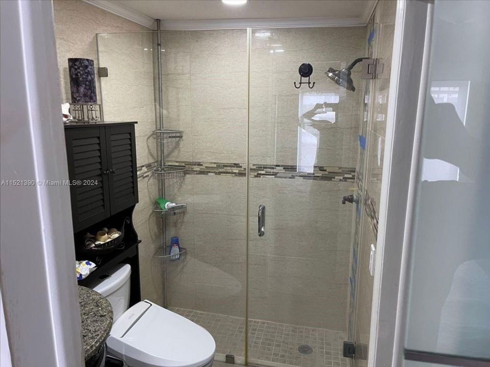 unit 3 bathroom 1 custom glass shower and toilet