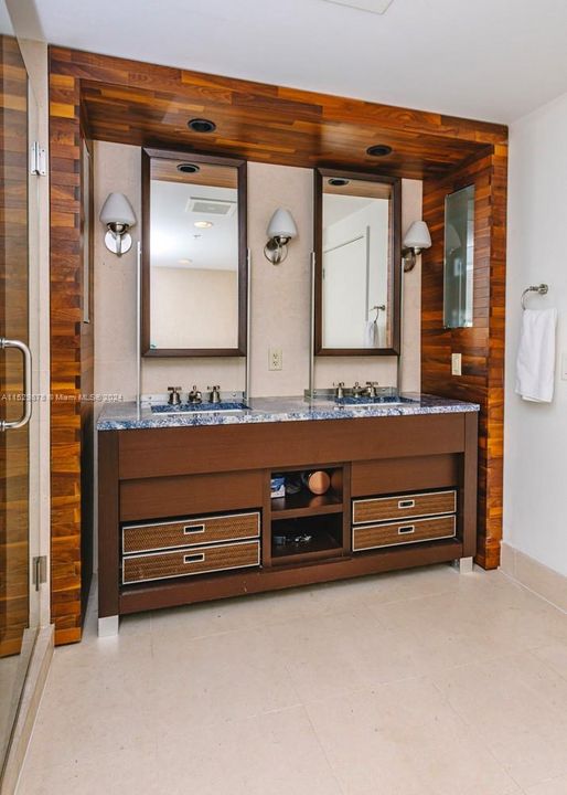 Vanity with dual sinks.