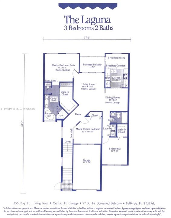 1550 sqft. Living Area  Under Air. 1884 sqft Total Area w/ garage and balcony