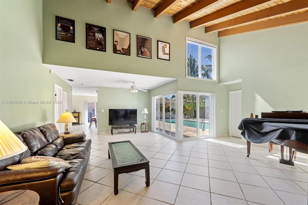 Living room. Beautiful, vaulted ceiling, skylight, impact windows.  Bright & spacious!