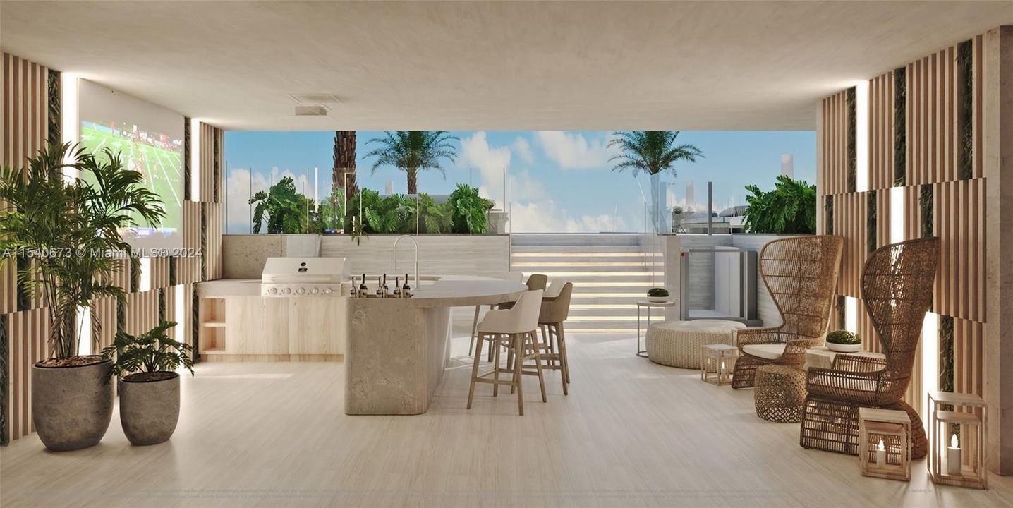 Absolutely stunning Indoor / Outdoor rooftop amenity room with BBQ grill and kitchen area to entertain your guests by the pool! You'll be protected from the sun but still enjoying the ocean breezes!