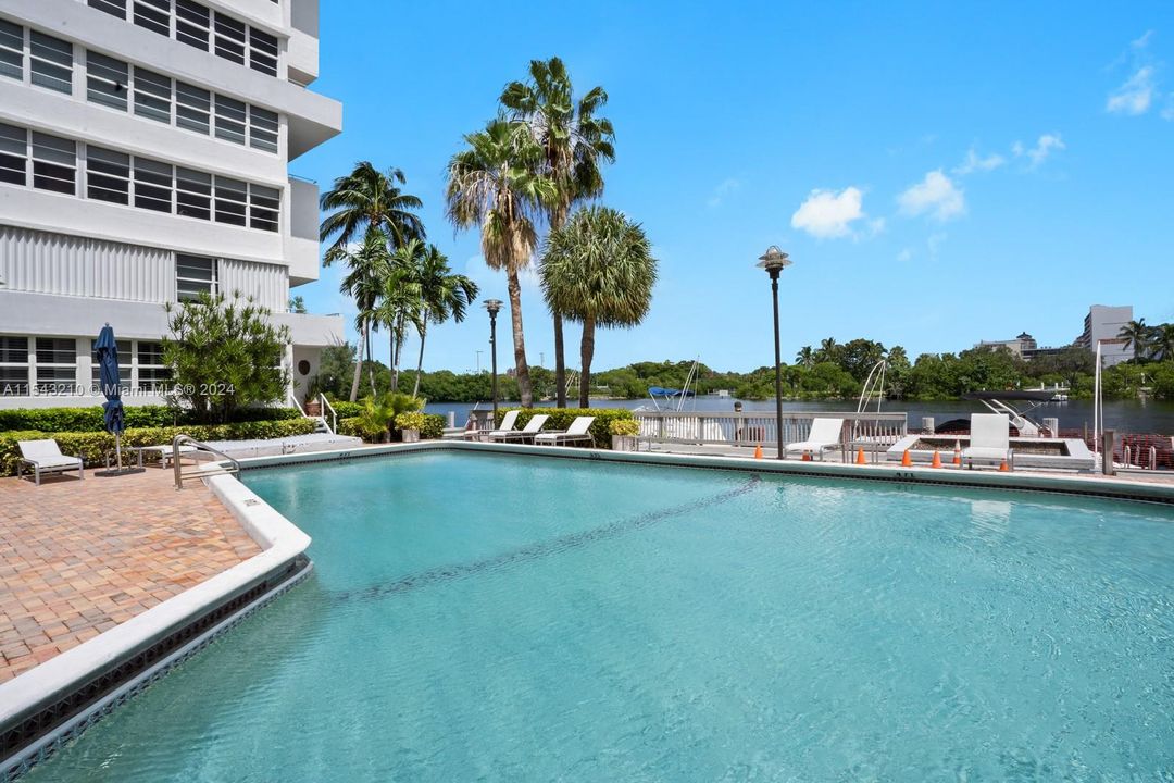 Large, heated pool overlooking George English Park and Galleria Mall.