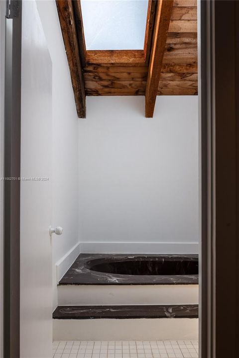 POV from entry to tub & toilet with skylight