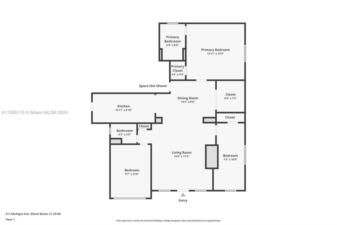 3 bedroom and 2 bath dwelling layout