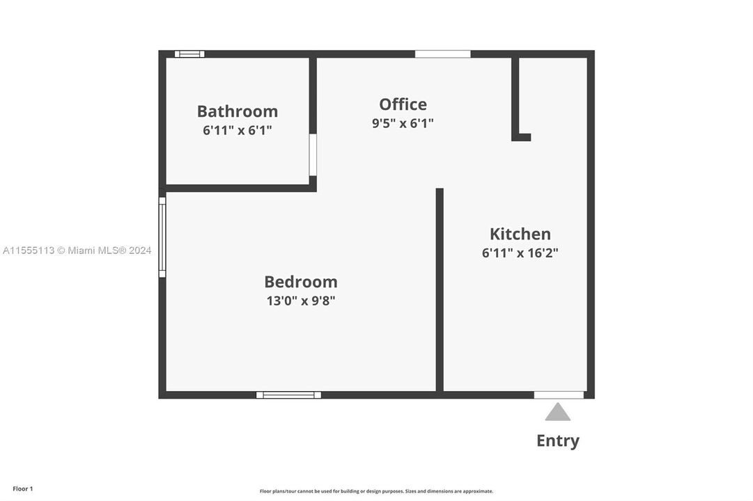1 bedroom and 1 bath dwelling layout