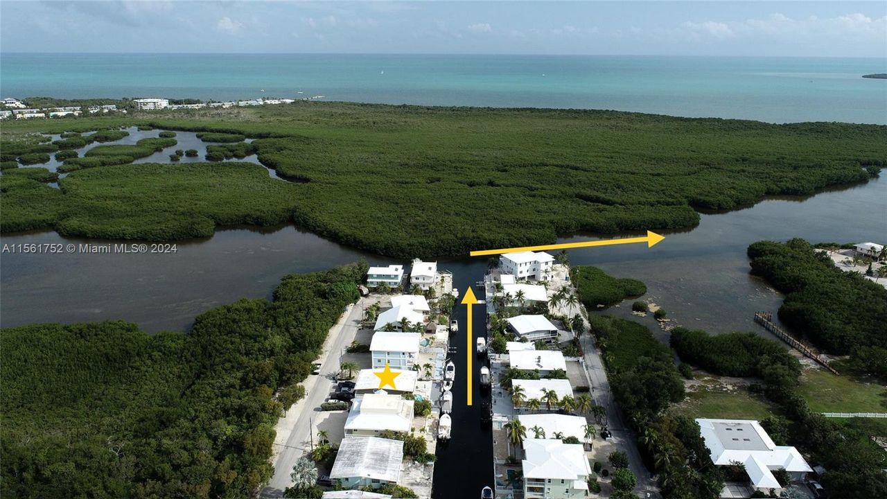 A breathtaking aerial view showcasing 124 Bahama Road, Key Largo, FL. Nestled among lush greenery, this property boasts a star marking its prime location with direct ocean access, as indicated by the bold arrow – a true slice of paradise