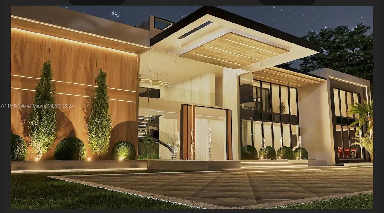 Welcome to a facade that speaks volumes of sophistication, our luxury villa at night showcasing wood accents and water features, encapsulating the essence of modern, high-end living.