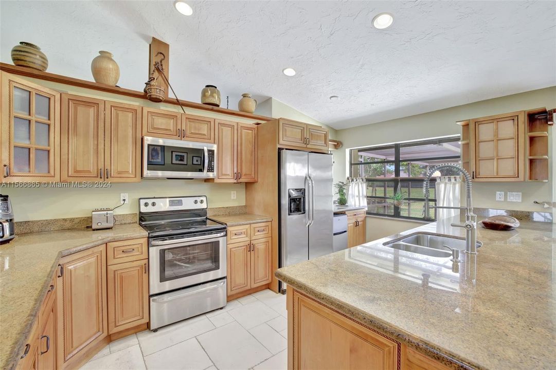 Granite Counters; Stainless Appliances; Wood Cabinets w/ glass display cabinets; Volume Ceilings w/ tons of high hat lighting