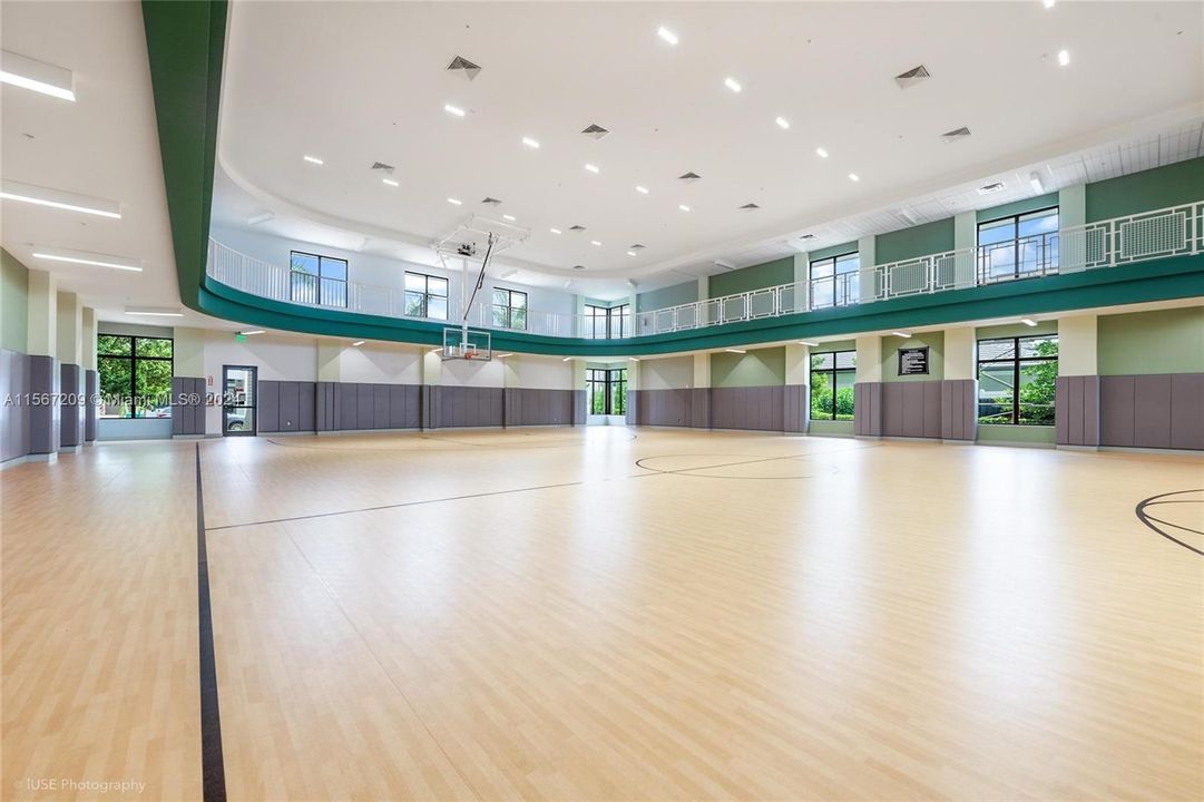 Indoor basketball court. Indoor track area can be seen on the second floor