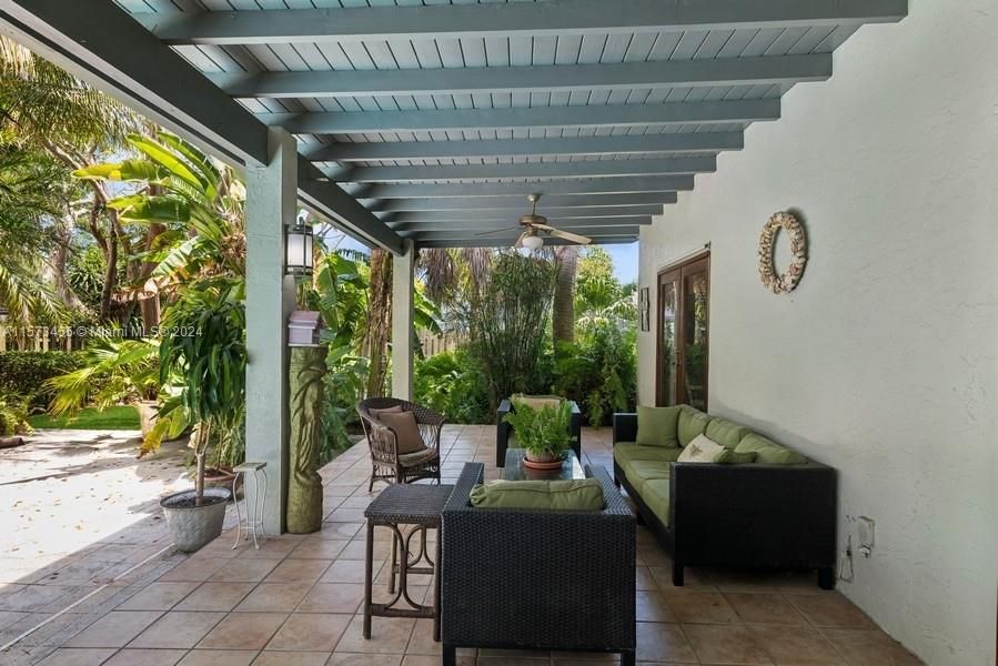 Covered patio runs almost the entire length of the house