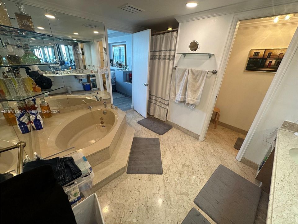 Expansive primary bathroom with separate tub and shower.