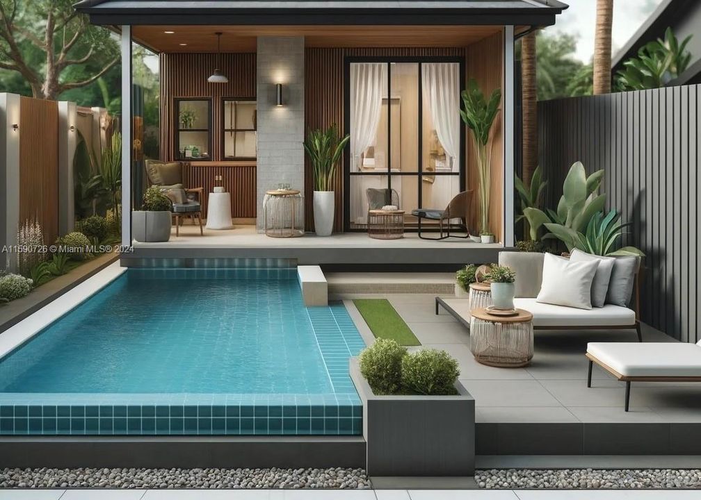 Virtual Rendering of  back if garage became a pool house w/ small pool